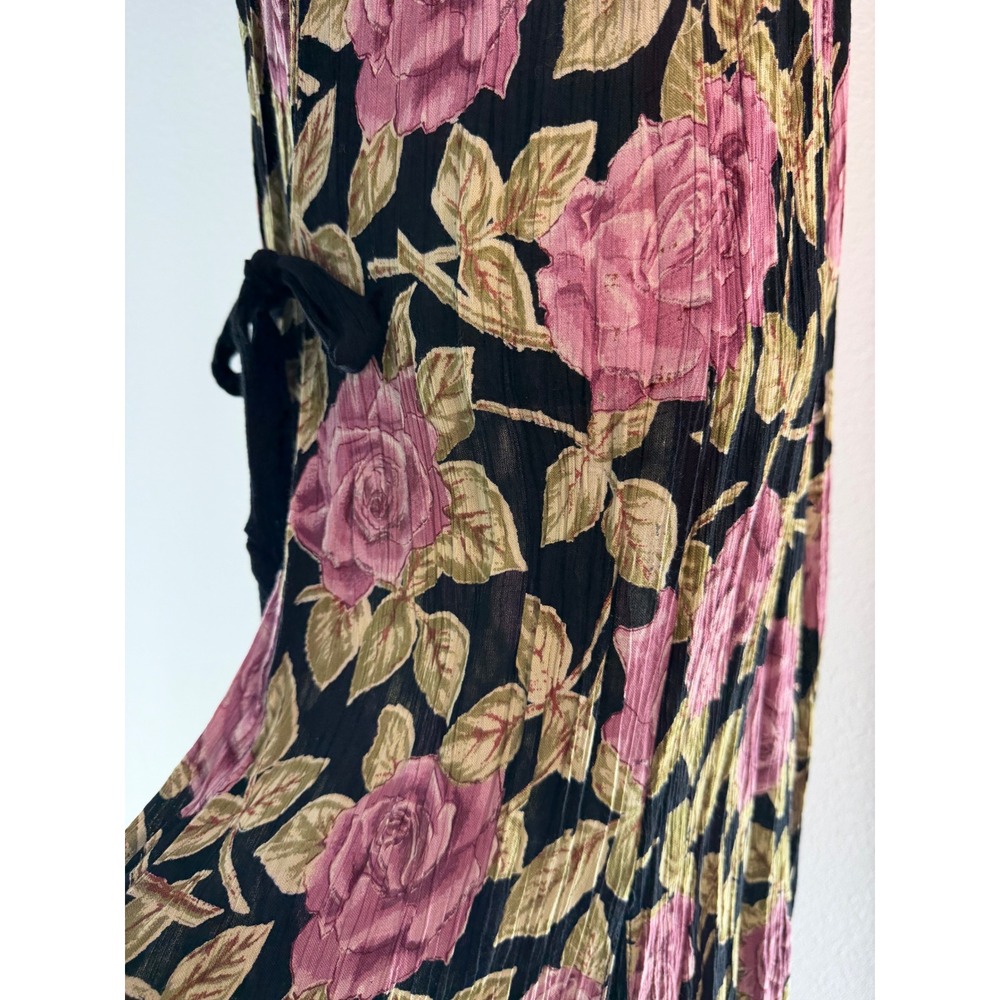 Vintage 90s Y2K Starina Floral Pleated Maxi Dress Black Pink Rose Romantic Med - Picture 6 of 10